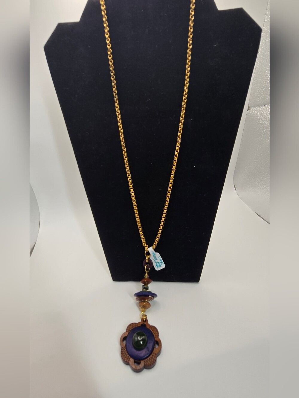 Vintage Gold Tone Chain With Stone & Wooden Beads Artisan Made Necklace